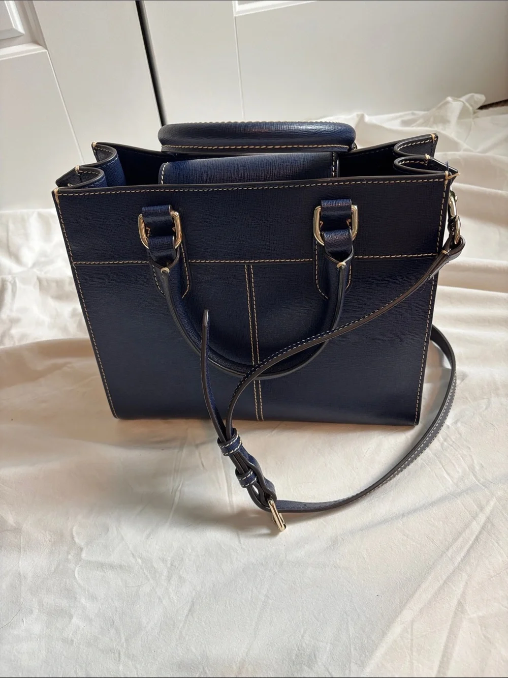Dooney & Bourke Structured Navy Leather Top-Handle Tote with Gold Accent